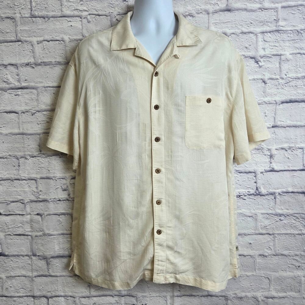 Island Shores Shirt Mens Size XL Beige Tropical Print Short Sleeve Button Down